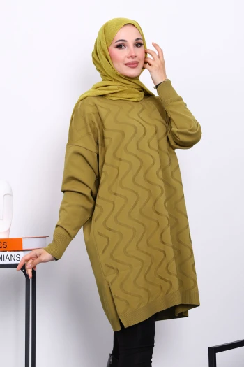 Yağ Yeşili Soğuk İplik Merserize Triko Tunik