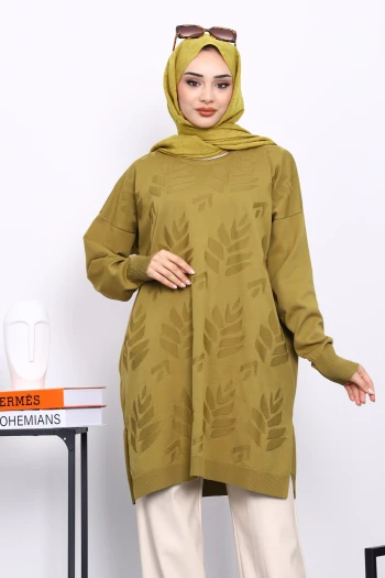 Yağ Yeşili Soğuk İplik Merserize Triko Tunik