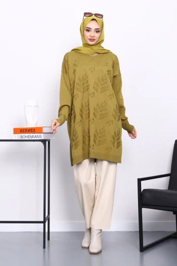 Yağ Yeşili Soğuk İplik Merserize Triko Tunik