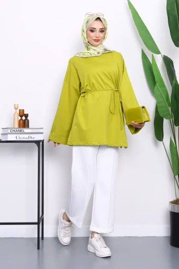 Yağ Yeşili Yanları Yırtmaçlı Bel İpli Tunik