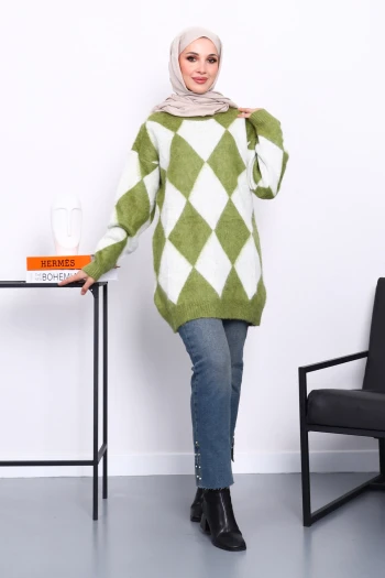 Yeşil Baklava Desenli Triko Kazak