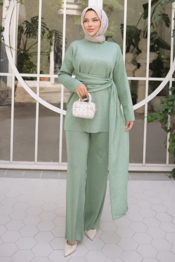 Yeşil Bisiklet Yaka Simli Pantolonlu Takım
