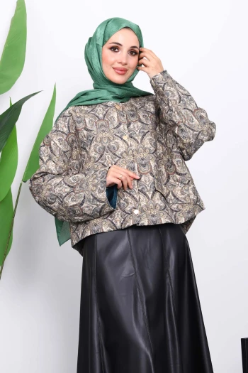 Yeşil Etnik Desenli Kısa Ceket