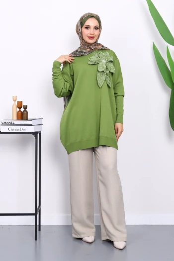 Yeşil Soğuk İplik Çiçek Detaylı Triko Tunik