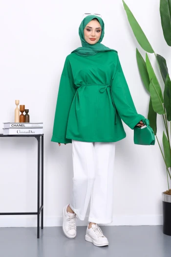 Yeşil Yanları Yırtmaçlı Bel İpli Tunik