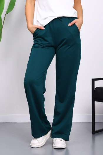 Zümrüt Yeşili Bel Lastikli İki İplik Palazzo Eşofman Alt