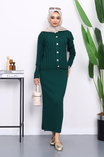 Zümrüt Yeşili Crop Hırka Triko Elbise İkili Kombin