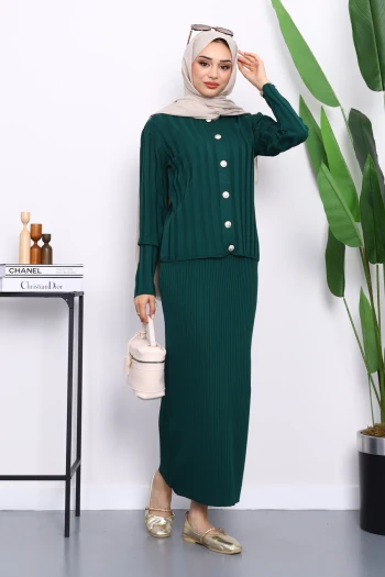 Zümrüt Yeşili Crop Hırka Triko Elbise İkili Kombin