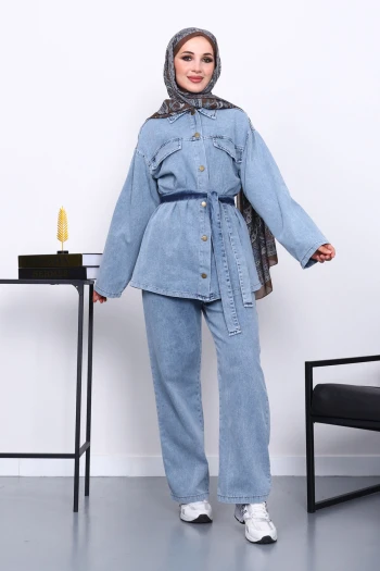 Açık Mavi Bel Kuşaklı Pantolonlu Kot Takım