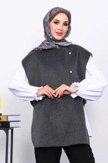 Antrasit Çıtçıt Detaylı Kaşe Yelek
