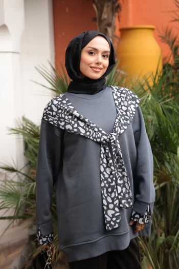 Antrasit Fular Detaylı İçi Şardonlu Üç İplik Sweatshirt