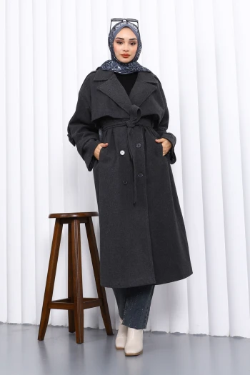 Antrasit Kravuze Yaka Astarlı Kaşe Kaban