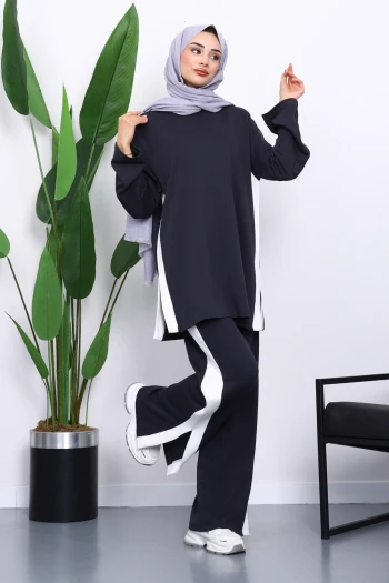 Antrasit Renk Bloklu Modal Tunik Pantolonlu Takım