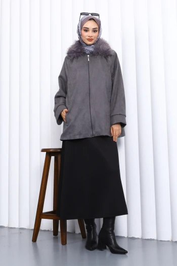 Antrasit Yaka Kürk Detaylı Süet Ceket