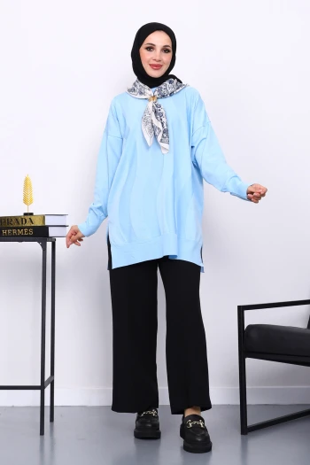 Bebe Mavi Bisiklet Yaka Soğuk İplik Triko Tunik