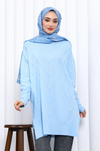 Bebe Mavi Bisiklet Yaka Soğuk İplik Triko Tunik