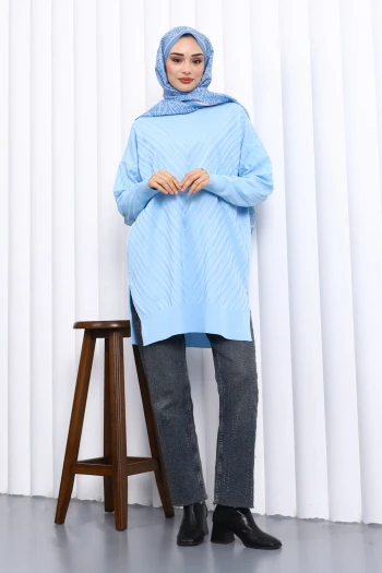 Bebe Mavi Bisiklet Yaka Soğuk İplik Triko Tunik