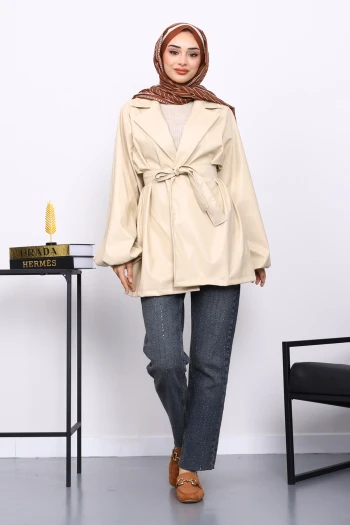 Bej Balon Kol Kuşaklı Deri Ceket