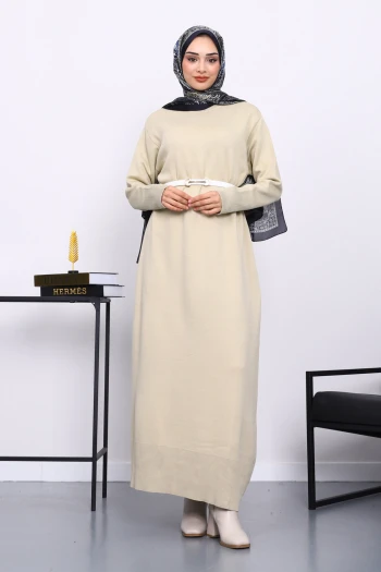 Bej Bisiklet Yaka Triko Elbise