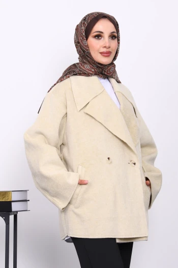 Bej Çift Cepli Düğmeli Kaşe Ceket