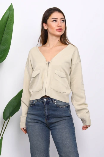 Bej Çift Cepli Fermuarlı Triko Hırka