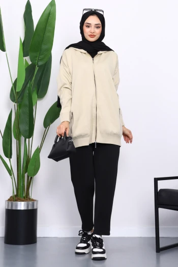 Bej Çift Cepli Fermuarlı Triko Hırka