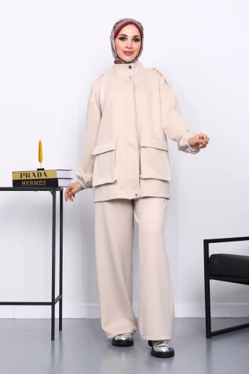 Bej Fermuarlı Scuba Ceket Pantolonlu Takım