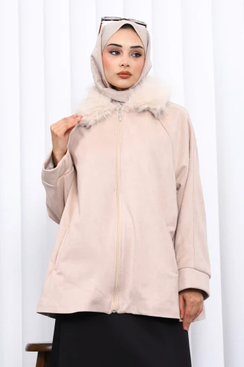 Bej Yaka Kürk Detaylı Süet Ceket