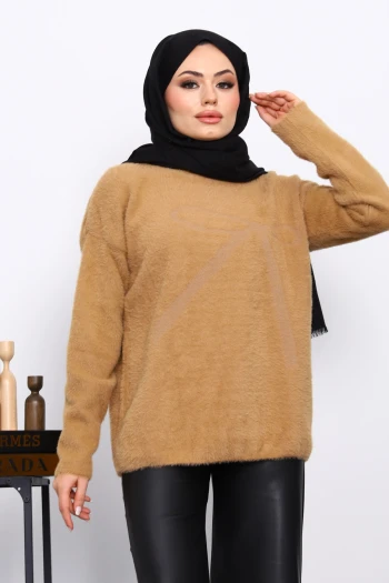 Bisküvi Bisiklet Yaka Desenli Angora Yumoş Triko Kazak