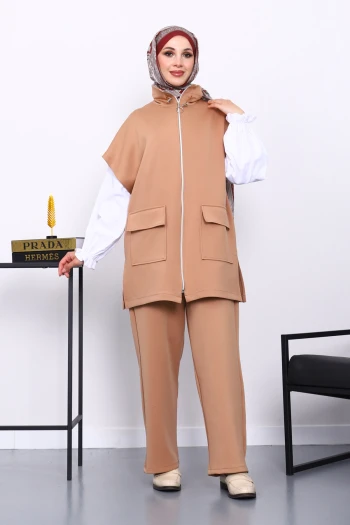 Bisküvi Fermuarlı Yelek Pantolonlu Scuba Takım