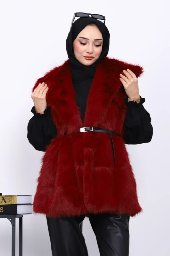 Bordo Astarlı Kemerli Kürk Yelek