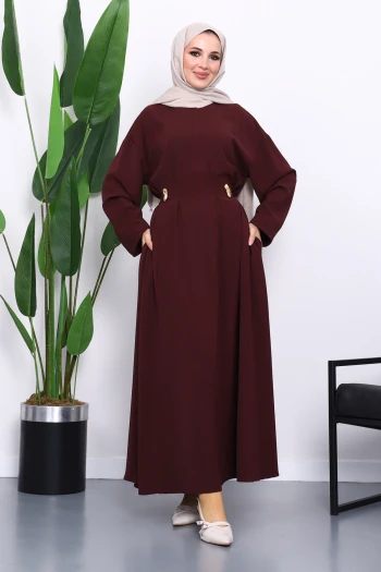 Bordo Bel Bağlamalı Piliseli Elbise