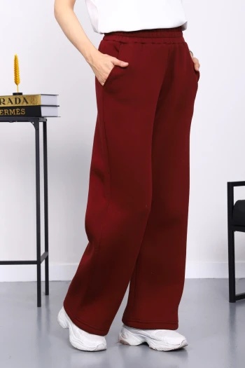 Bordo Bel Lastikli Şardonlu Eşofman Altı