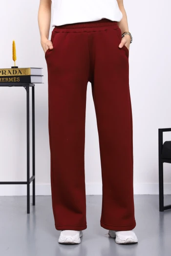 Bordo Bel Lastikli Şardonlu Eşofman Altı