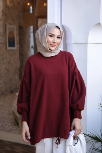 Bordo Bisiklet Yaka Keçe Kazak