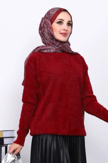 Bordo Bisiklet Yaka Angora Yumoş Triko Kazak