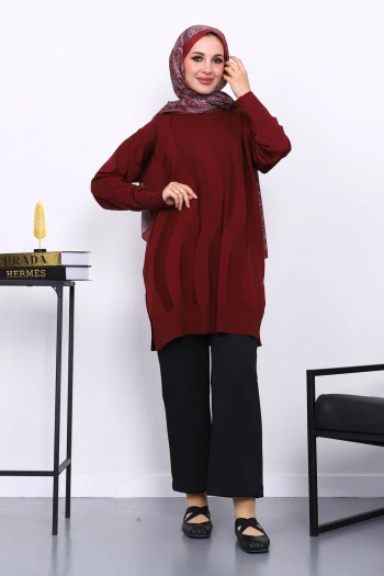 Bordo Bisiklet Yaka Soğuk İplik Triko Tunik