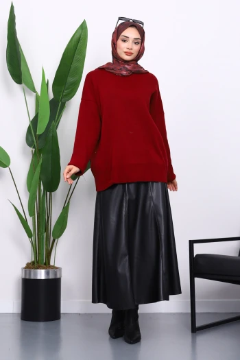 Bordo Bisiklet Yaka Yumuşak Dokulu Oversize Triko Kazak