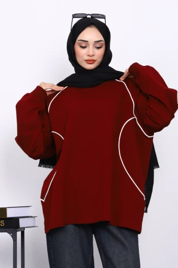 Bordo Biyeli İki İplik Sweatshirt