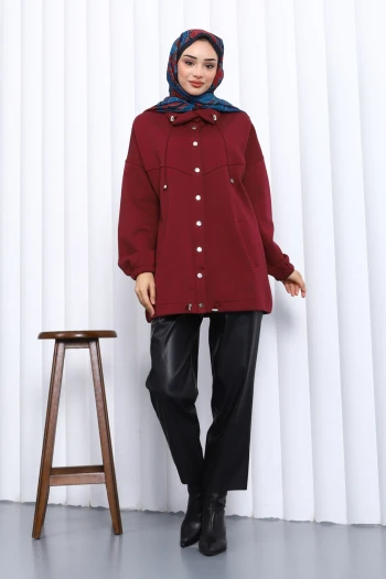 Bordo Çıtçıt Detaylı Cepli Ceket