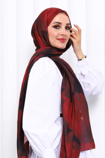 Bordo Desenli Soft Dijital Şal