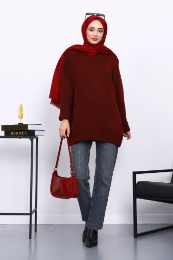 Bordo Dik Yaka Oversize Triko Kazak