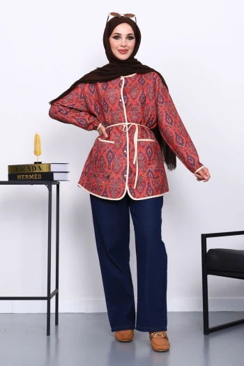 Bordo Etnik Desenli Cepli Ceket