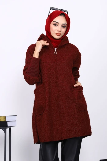 Bordo Fermuarlı Cepli Buklet Kaban