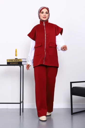 Bordo Fermuarlı Cepli Yelek Pantolonlu Scuba Takım