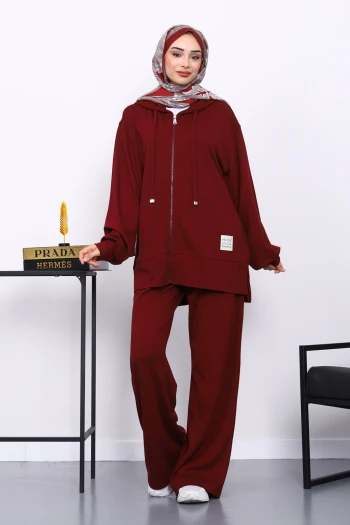 Bordo Fermuarlı Tunik Pantolonlu Takım
