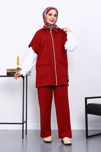 Bordo Fermuarlı Yelek Pantolonlu Scuba Takım