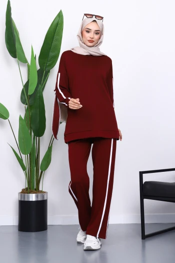 Bordo Kol Bağlamalı Tunik Pantolonlu Takım