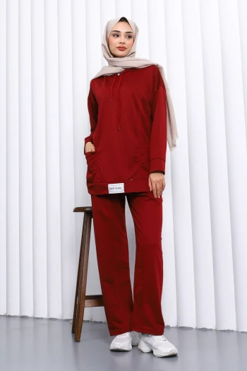 Bordo Önü Etiketli İki İplik Tesettür Takım