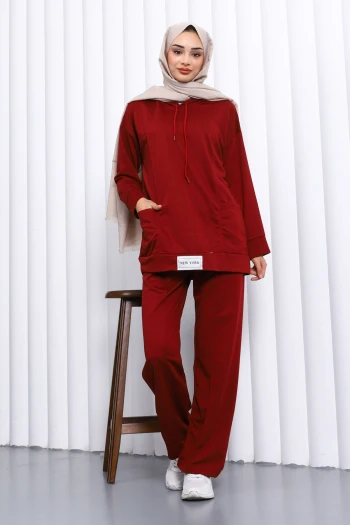 Bordo Önü Etiketli İki İplik Tesettür Takım